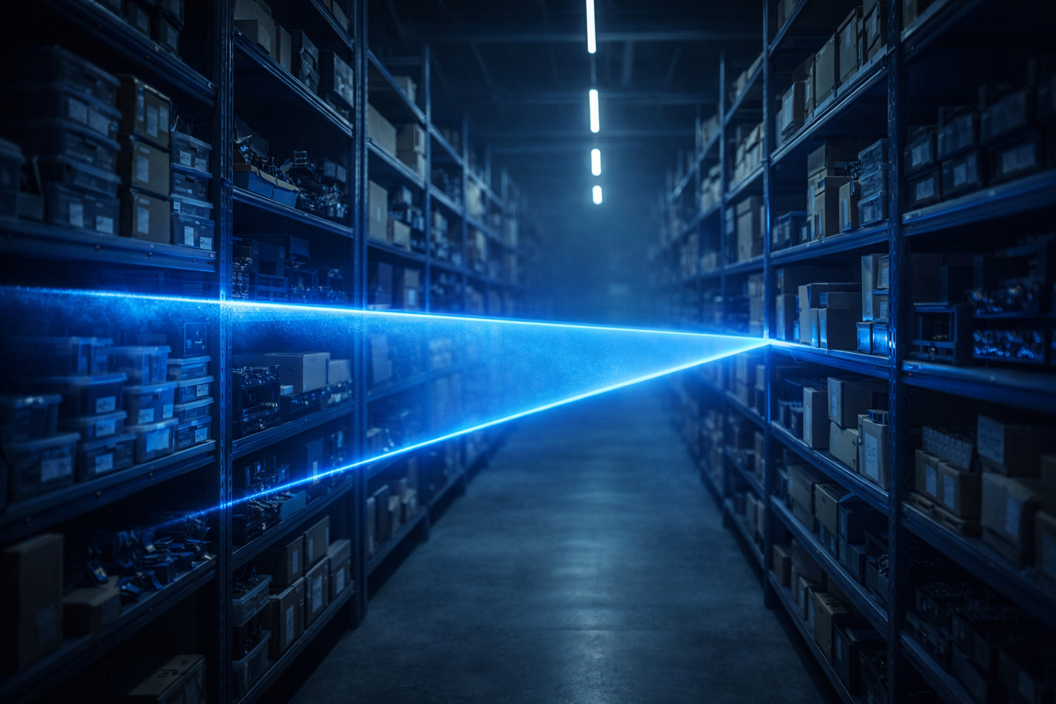 KI-gestütztes Lager mit blauem Scan-Strahl
